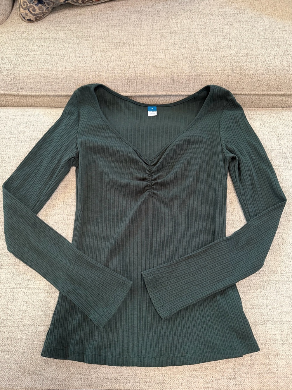 Old Navy Women's Ribbed V-Neck Long Sleeve Top - Forest Green - Picture 2 of 7